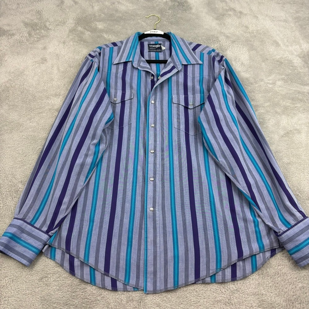 VTG Wrangler Cowboy Cut X-Long‎ Tails Western Shirt Mens 17 1/2-36 Blue Stripe